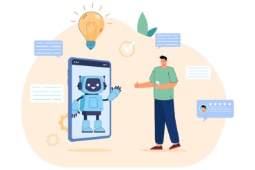 Conversation between chat bot on screen of phone and customer. Tiny man talking with cute robot in online messenger flat vector illustration. Chatbot, AI, virtual support in social media concept